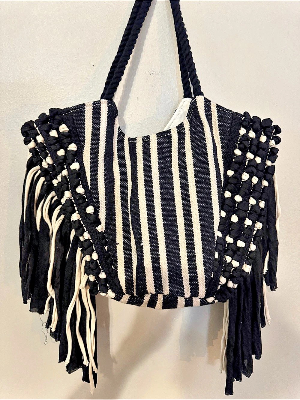 No Boundaries Striped Beaded Fringe Shoulder Bag in Black & White NWT